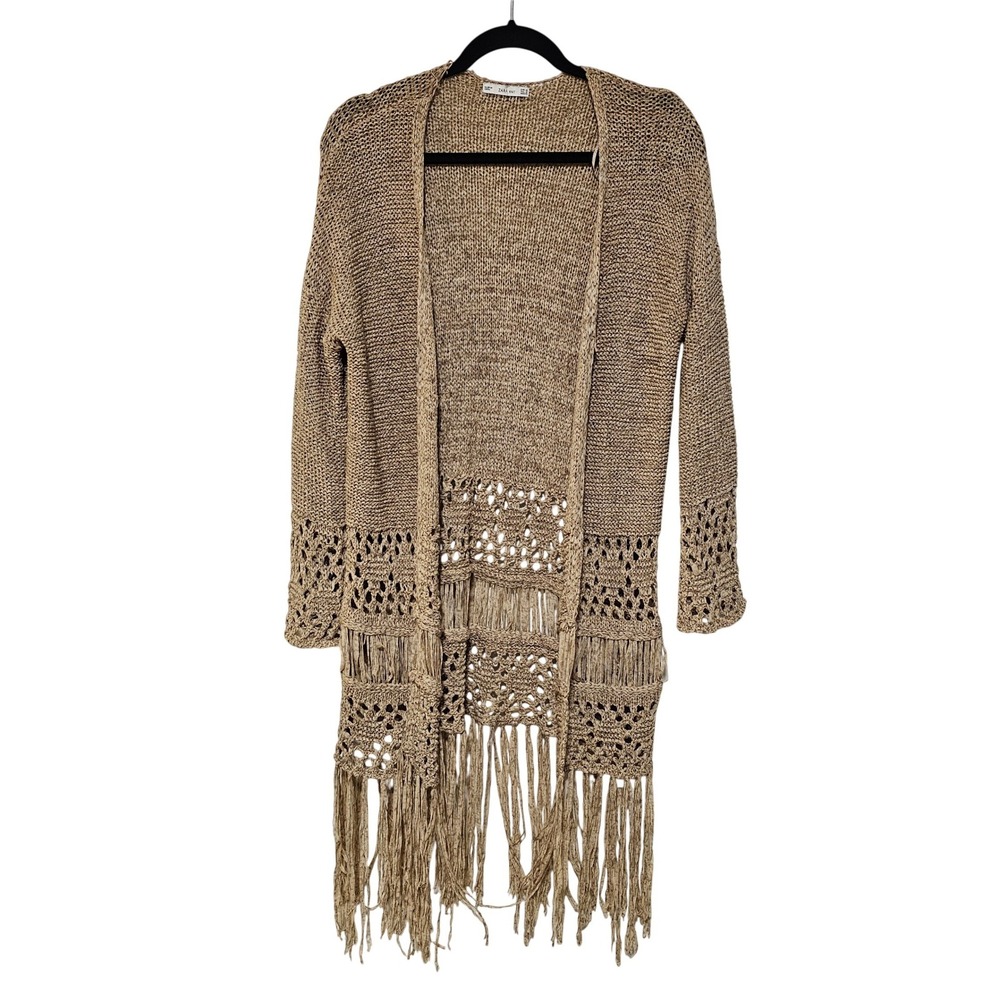 Zara Cardigan Womens Medium Tan Crochet Fringe Open‎ Knit Boho Festival Sweater